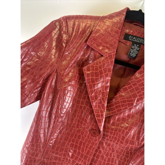 Dialogue Embossed Croc Red Leather Jacket Button Collared V-Neck Womens Medium - Picture 5 of 13